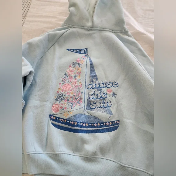πβ΅οΈNew Pink Palm puff Chase the Sun Relaxed Hoodie in Sky Blue M - Picture 4 of 13